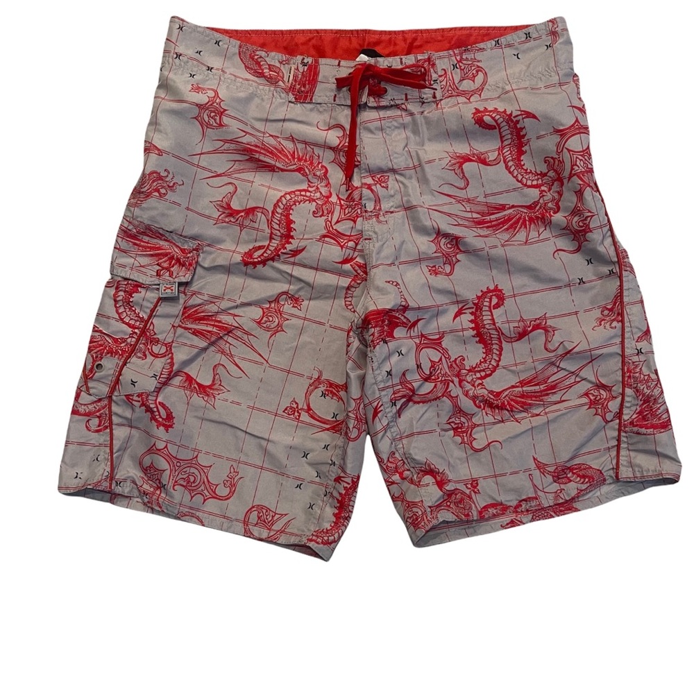 X-Plood Surfing Men’s Gray and Red Dragon Lined Boardshorts Swim Shorts Size 36